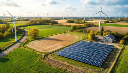 Sustainable Energy: A Harmonious Blend of Solar and Wind Power in Rural Landscape