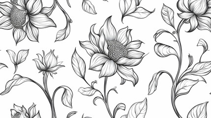 Elegant black and white sunflower floral pattern, perfect for textile design or wallpaper