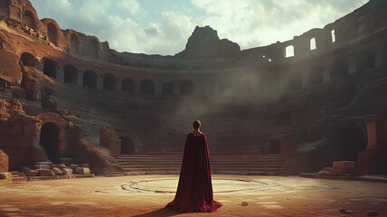 Mysterious cloaked figure standing in the center of an ancient Roman-style coliseum under a dramatic light