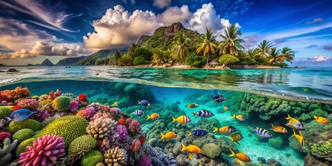 Huahine Island, French Polynesia: Aerial & Underwater View of Lush Tropical Shore, Vibrant Coral Reef, and Fish School