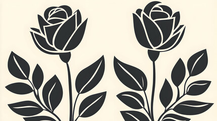 Elegant black silhouette roses with leaves, isolated on beige background; design element for invitations, cards