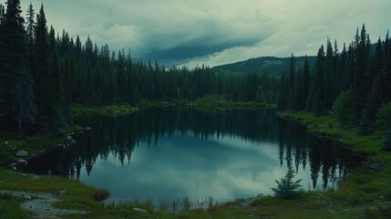 Fototapeta premium Mystical Serenity: Reflecting Forest Landscape on a Tranquil Lake Surface