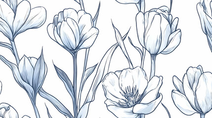 Elegant blue tulips and crocus floral pattern, seamless design for fabric or wallpaper