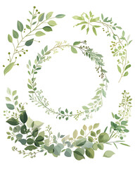 .Illustration of trees, leaves, grass and various botanical elements on a white background.
