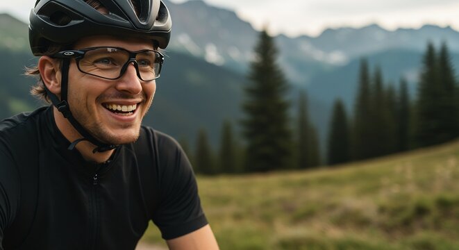 Happy Male Cyclist Wearing Helmet and Glasses Smiles Joyfully in Mountain Landscape - Powered by Adobe