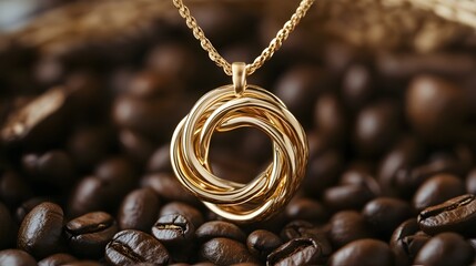 A gold necklace with a looped intertwined pendant rests against a background of dark roasted coffee beans