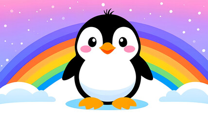 Naklejka premium Penguin with rainbow background, colorful and cheerful illustration with a fun vibe