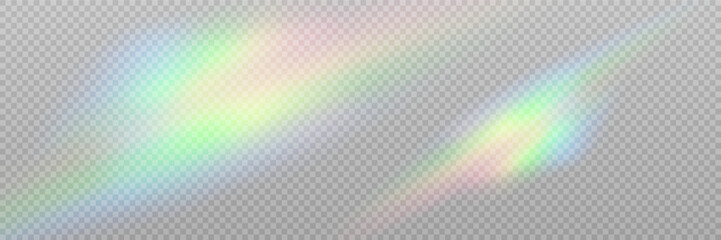 Rainbow crystal light leak flare reflection effect. Vector illustration set. Colorful optical rainbow lights beam lens flare leak overlay streaks on transparent dark background
