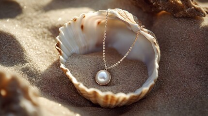 A pearl pendant necklace with a delicate gold chain rests inside a seashell on a sandy beach