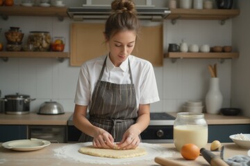 Young woman sitting on kitchen counter shaping dough