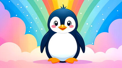 Naklejka premium Penguin with rainbow background, colorful and cheerful illustration with a fun vibe
