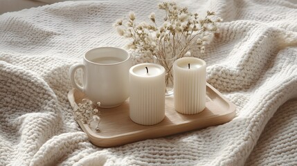 Two white candles and a white mug sit on a light wooden tray, placed on a textured white blanket