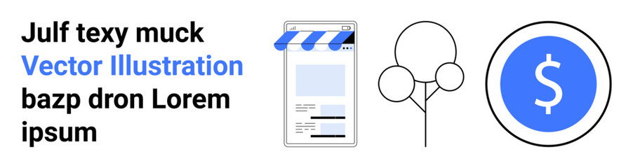 Mobile storefront with awning, abstract tree, and dollar sign. Ideal for e-commerce, online shopping, environment, fintech, savings, marketing simple landing page