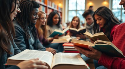 Group of Students Reading Books Together in a Cozy Library Setting,adult education