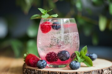 Refreshing sparkling berry mocktail served in a stylish glass with mint leaves on a wooden surface surrounded by fresh berries