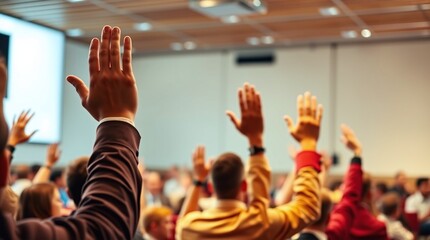 Engaged Audience Members Raising Hands at an Interactive Seminar Event