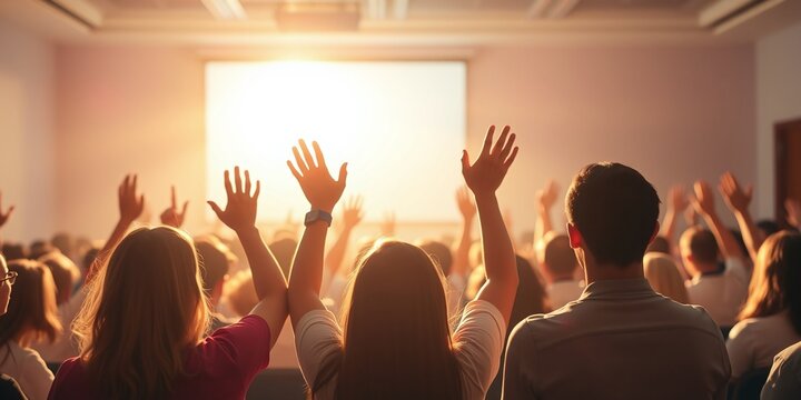 Engaged Audience Members Raising Hands at an Interactive Seminar Event