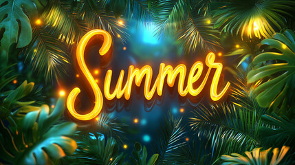 Summer background with palm leaves and neon lettering. Vector illustration.