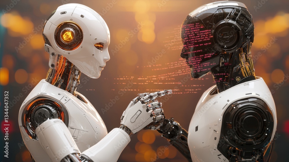Poster futuristic robots engaging in a touching moment of connection and communication in a high-tech envir