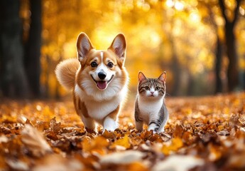 Fototapeta premium corgi dog and cat walking together in autumn forest with golden leaves sunny park