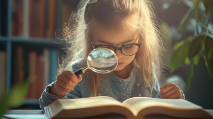 A small girl examines book details with a magnifying glass.