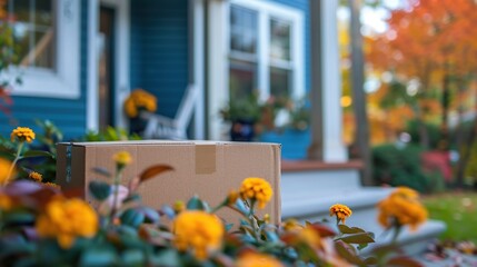 Contactless delivery service with a box on the front porch in autumn season
