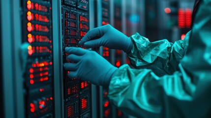 Data Center Technician Maintaining Server Equipment in Advanced Technology Environment with Neon Lighting