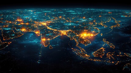 Obraz premium Aerial view of illuminated cities across Asia at night showcasing urban life