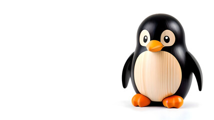 Fototapeta premium Wooden penguin toy, minimalist handcrafted design on a white background