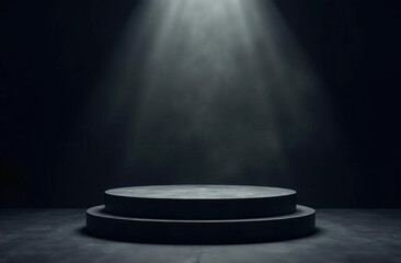Black podium, platform or stage, smoke on background.
