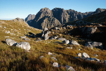 Rugged mountain scenery with golden grass in Jonkershoek Nature Reserve
