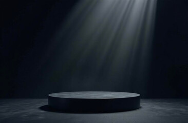 Black podium, platform or stage, smoke on background.