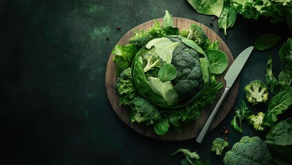 Vibrant green vegetables arranged on a wooden board.  Freshly harvested and healthy produce.  A feast for the eyes and palate