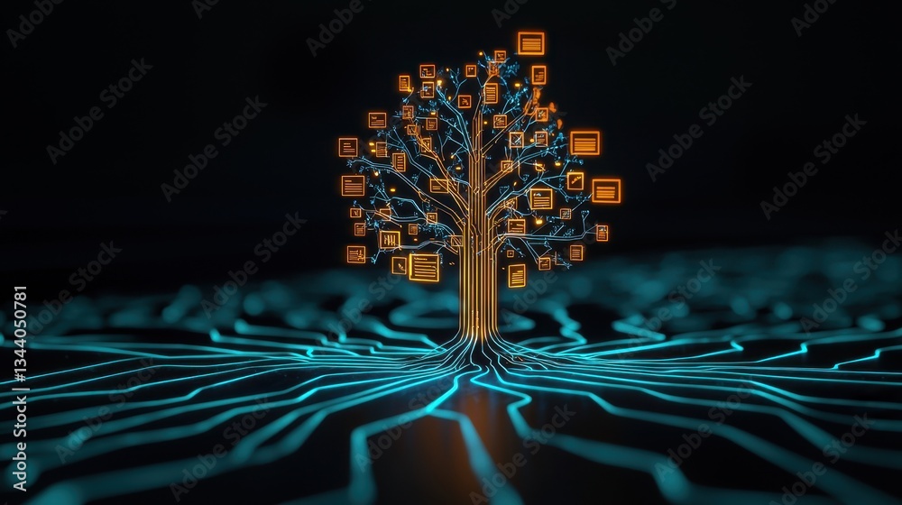 Poster digital tree with circuit lines representing data and technology connections in a futuristic setting