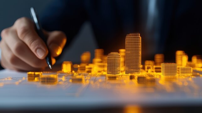 Business Professional Designing Urban Landscape with 3D City Model, Futuristic Architecture and Investment Concept