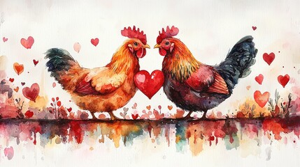 Fototapeta premium Two colorful roosters sharing a heart in a whimsical watercolor scene