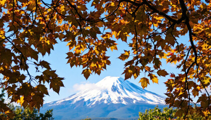 Autumnal View of Mount Fuji through Maple Leaves