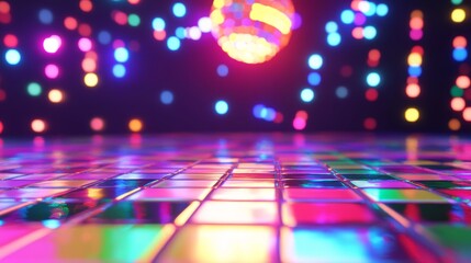 Energetic disco dance floor with colorful lights and reflective tiles inviting everyone to dance