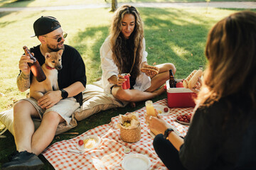 Happy people having picnic with hot dogs and cold drinks, sitting on a plaid in a park.