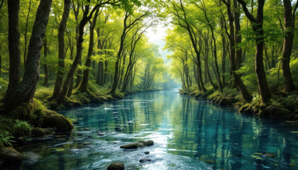Obraz premium Serene River Flowing Through Lush Green Forest
