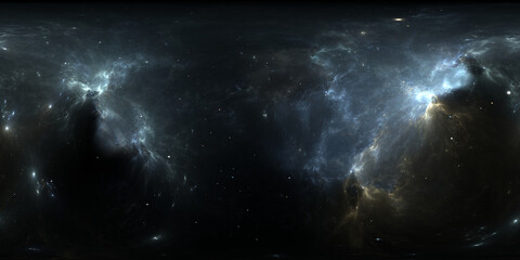 360 degree space nebula. Giant interstellar cloud with stars, equirectangular projection, environment map. Spherical panorama. 3d illustration
