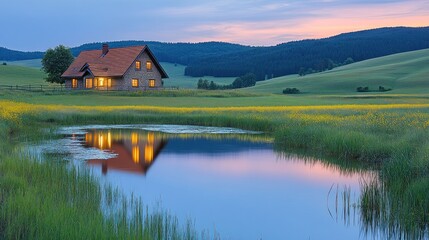 Fototapeta premium Secluded house with illuminated windows reflecting in a calm pond at twilight, surrounded by a tranquil landscape of rolling hills and vibrant wildflowers.