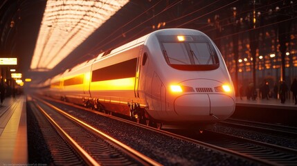 Naklejka premium Modern High-Speed Train in Station During Sunrise with Warm Light and Busy Platform Atmosphere