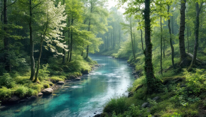 Obraz premium Serene River Flowing Through Lush Green Forest