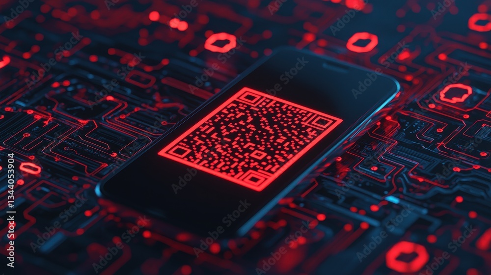 Poster smartphone displaying qr code on a futuristic circuit board background with red neon glow effects