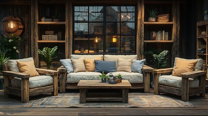 Comfortable rustic wood sofa with cozy beige cushions high resolution picture