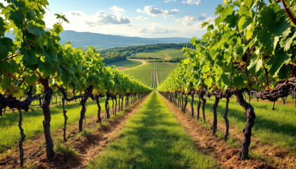 Fototapeta premium Serene Vineyard Landscape: Rows of Grapevines Under a Sunny Sky