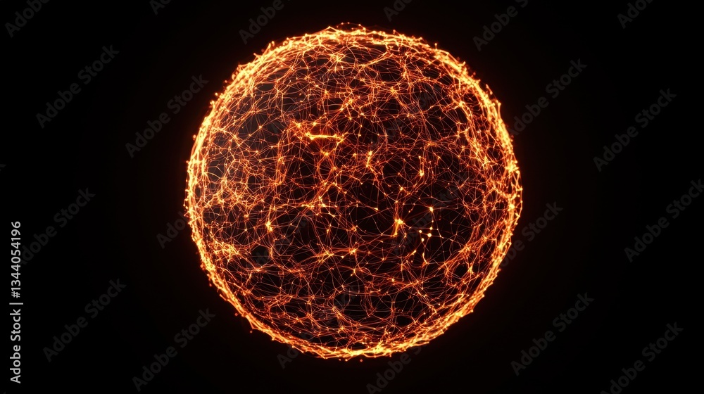 Poster abstract 3d representation of a glowing sphere with dynamic lines and lights on black background