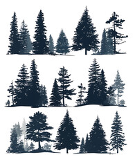 .Illustration of trees, leaves, grass and various botanical elements on a white background.