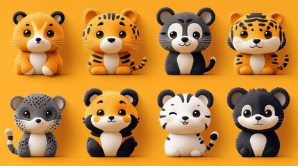 Fototapeta premium Eight adorable cartoon tiger cubs in various poses and colors on yellow background.
